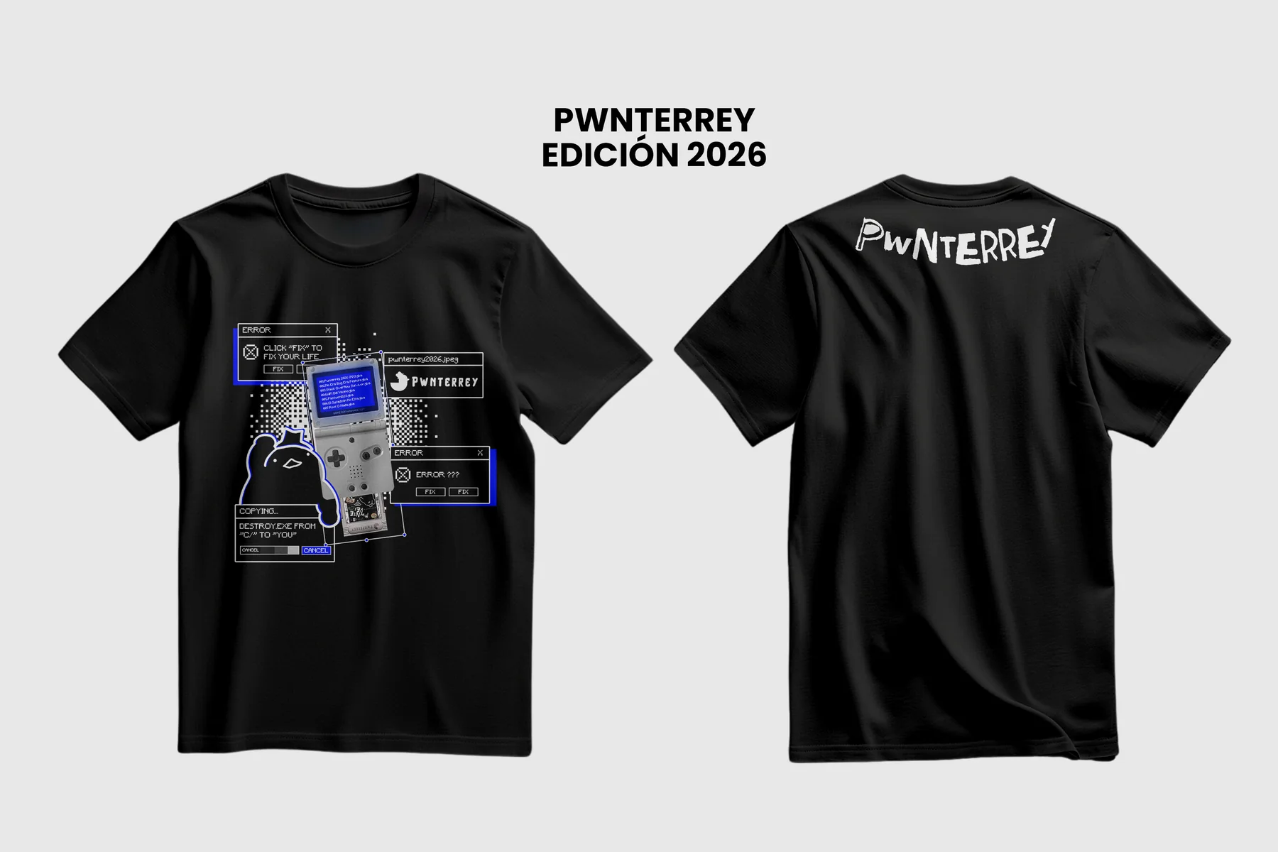 Diseño frontal y posterior de la playera Pwnterrey 2026